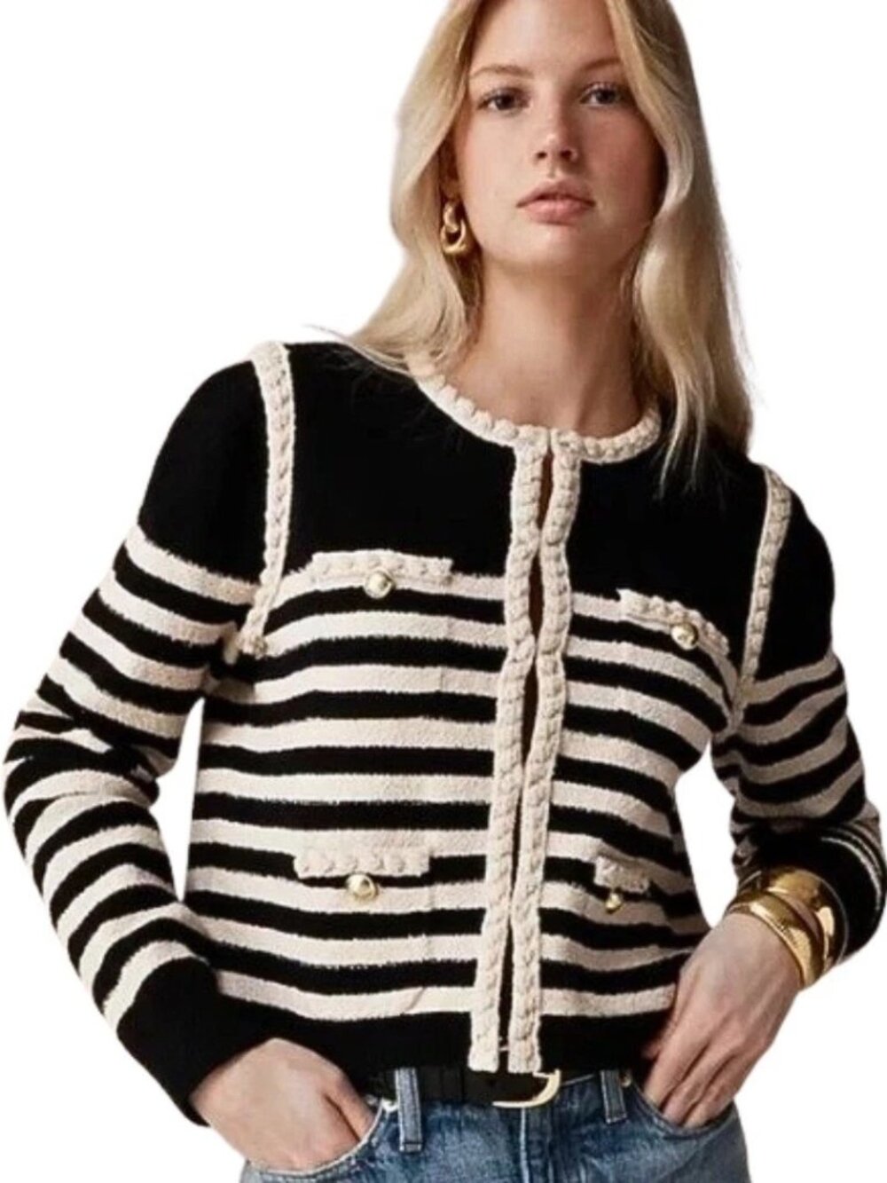 NEW J.Crew Black/Cream Boucle Stripe Cardigan Sweater with Gold Buttons Size XS